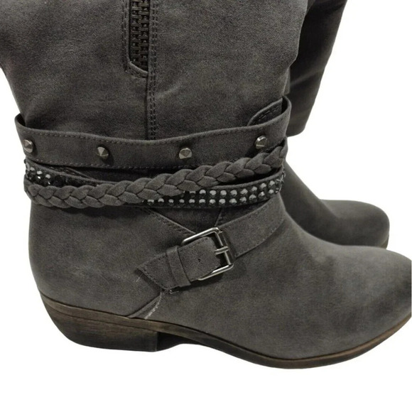 SO Calf-Length Boot Low Heel Women Size 9.5 Gray Rhinestone Studded Zipper - Picture 4 of 7